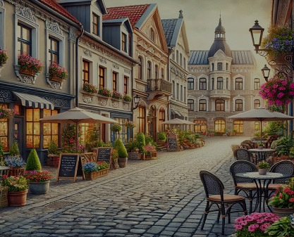 A cozy, inviting street in a Baltic town with quaint shops and cafes