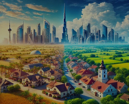 A realistic, vibrant scene of Dubai and Lithuania. The Dubai side features a bustling skyline with iconic skyscrapers like the Burj Khalifa under a br