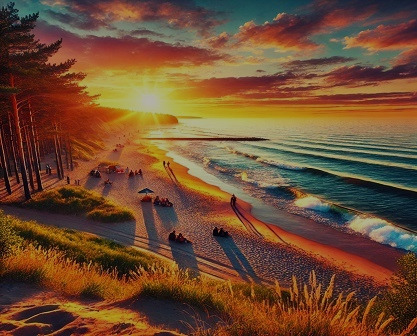 A scenic view of the Baltic coastline with a vibrant sunset, highlighting the natural beauty and serene environment. Include elements like sandy beach